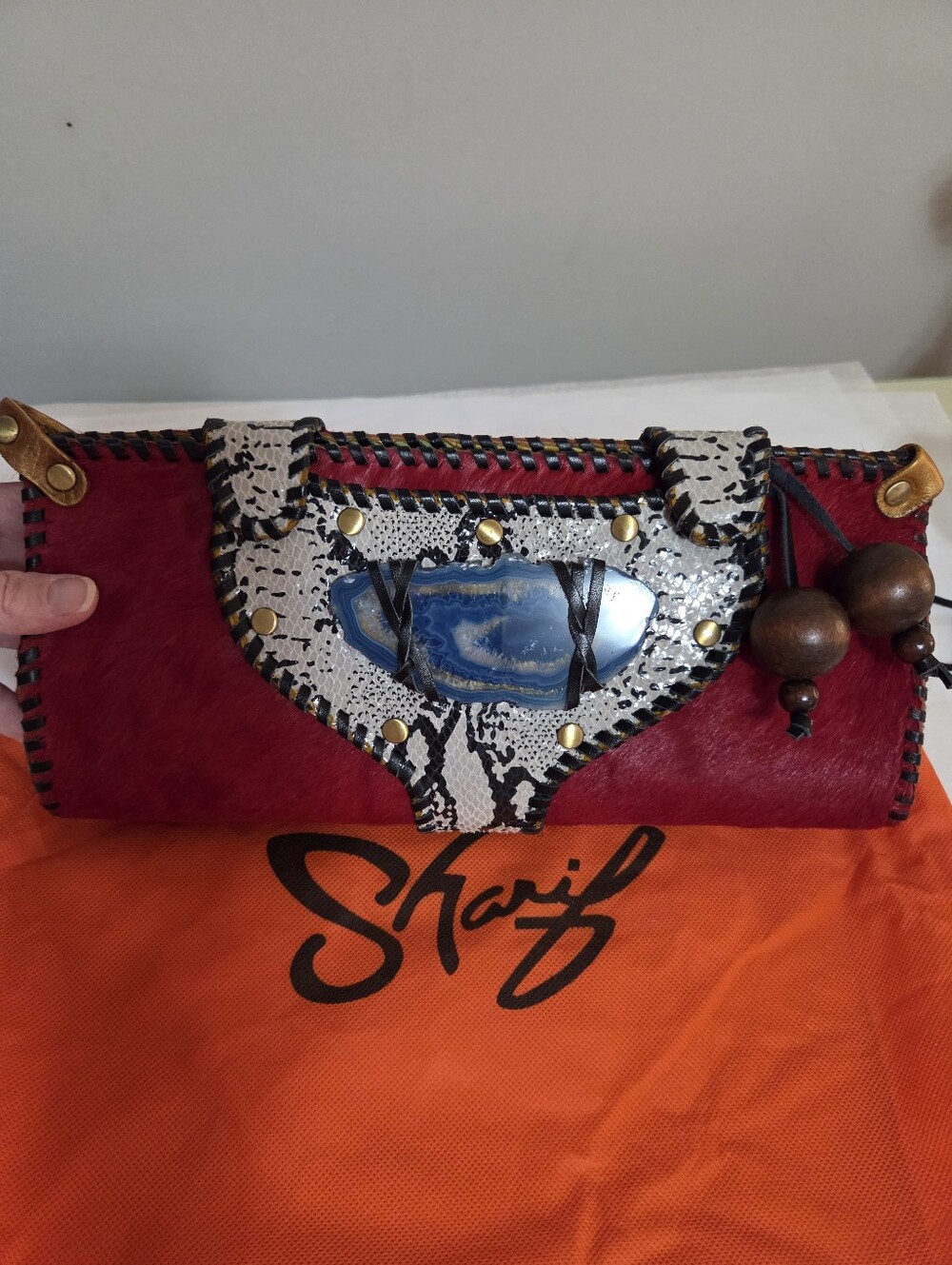 Sharif Red Haircalf Clutch with Snake-Print Trim and Blue Agate